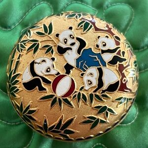 Gold-tone Panda Cloisonné Compact with Red & Blue Enamel Accents